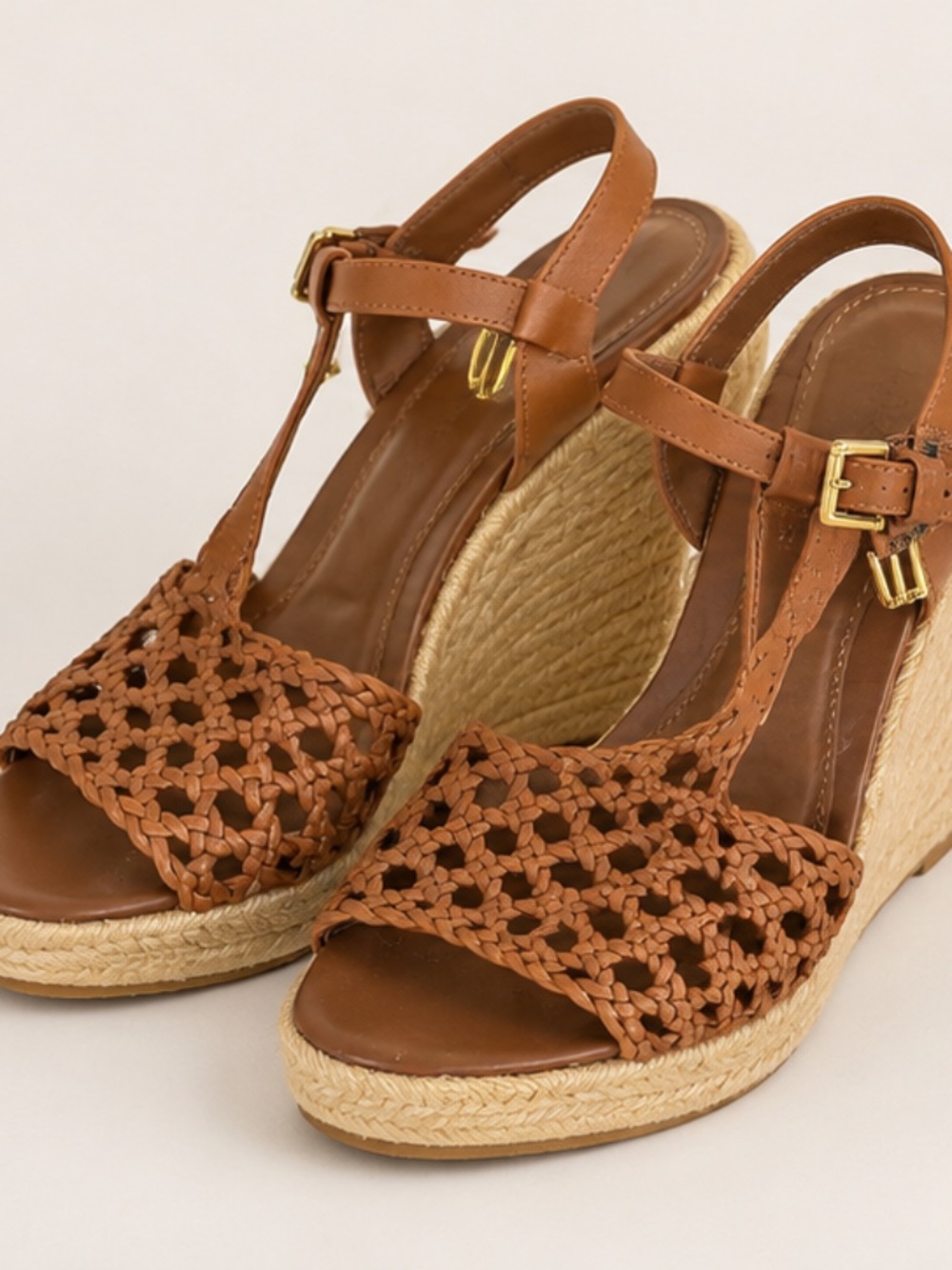 Lauren Ralph Lauren Brown Woven Leather Espadrille Wedge Sandals